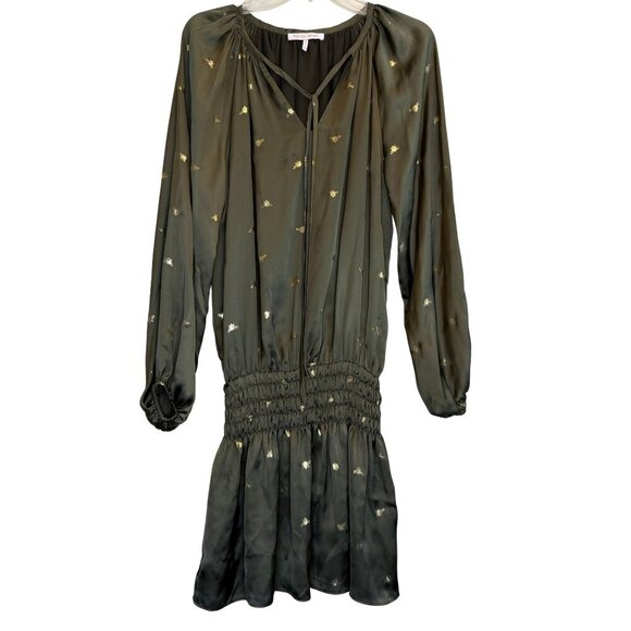 Harper Wren Hunter Green Drop Waist Dress with‎ Gold Metallic Bees - Size Small - Picture 1 of 9